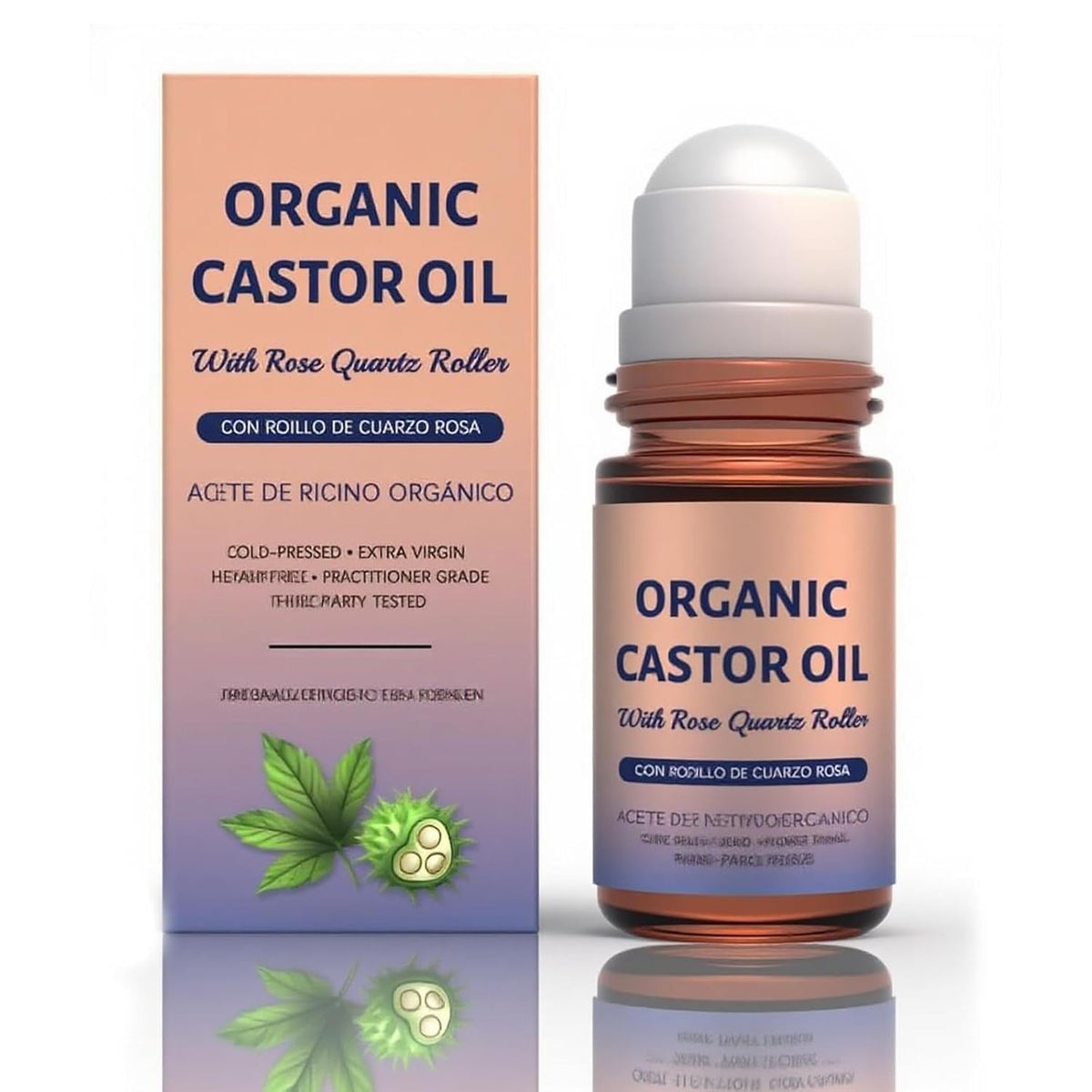 Generic castor oil roller front packaging showing bottle and label for easy use