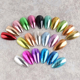 Generic brand manicured nails in studio setting demonstrating finished chrome look