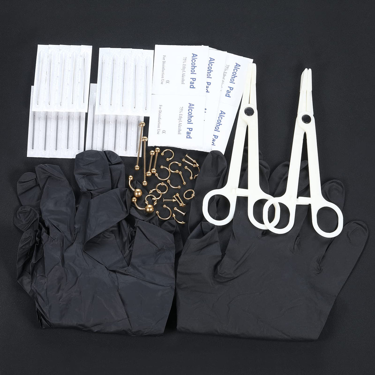 Generic clamps and alcohol pads setup for quick, clean piercing prep