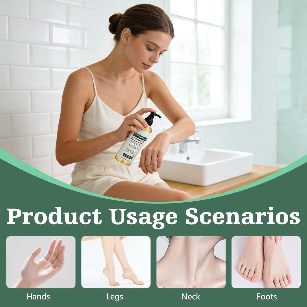 Generic collagen body oil applied after shower to lock in moisture and soften skin