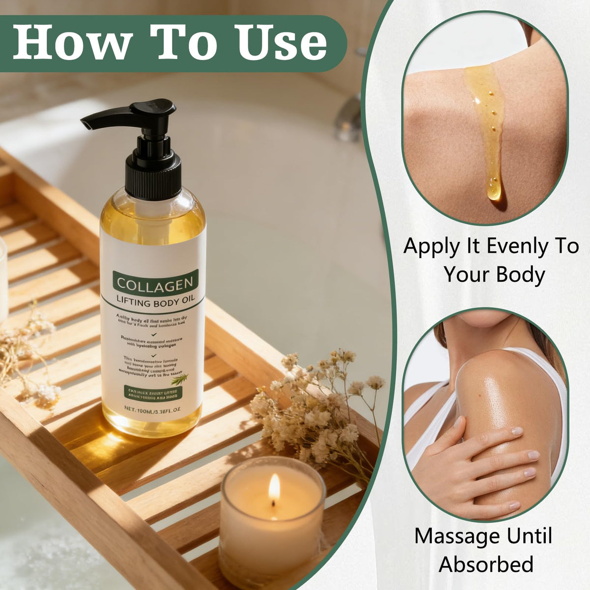 Generic collagen body oil bottle label closeup showing ingredient emphasis and instructions