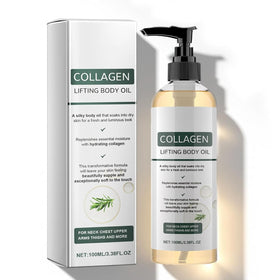 Generic collagen lifting body oil front bottle shows sleek packaging and brand promise