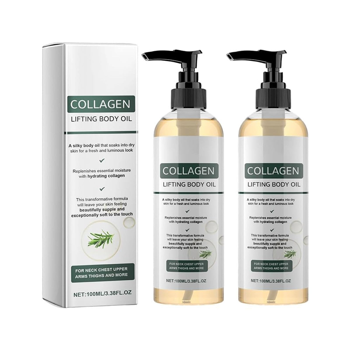 Generic collagen body oil front packaging showing bottle and pump for easy dispensing