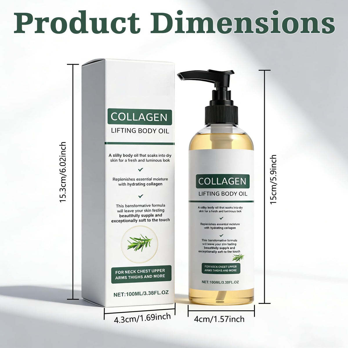 Generic collagen body oil pump dispenser detail highlighting precise, mess-free application