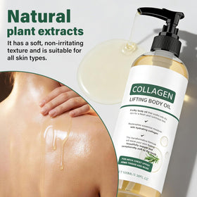 Generic collagen oil next to a hand for size comparison conveying travel-friendly 3.8 fl oz