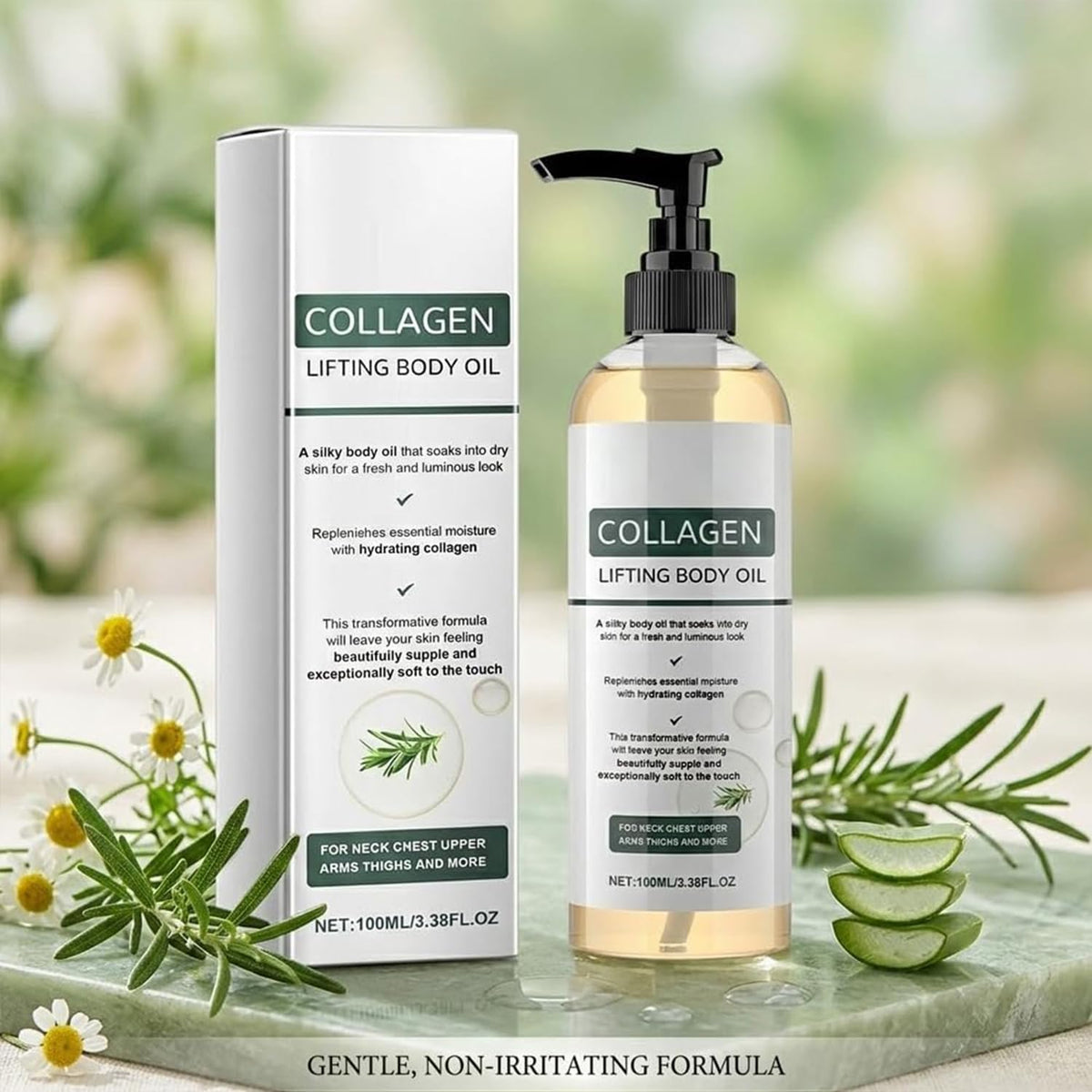 Generic collagen oil texture drop on hand showing lightweight absorption and sheen