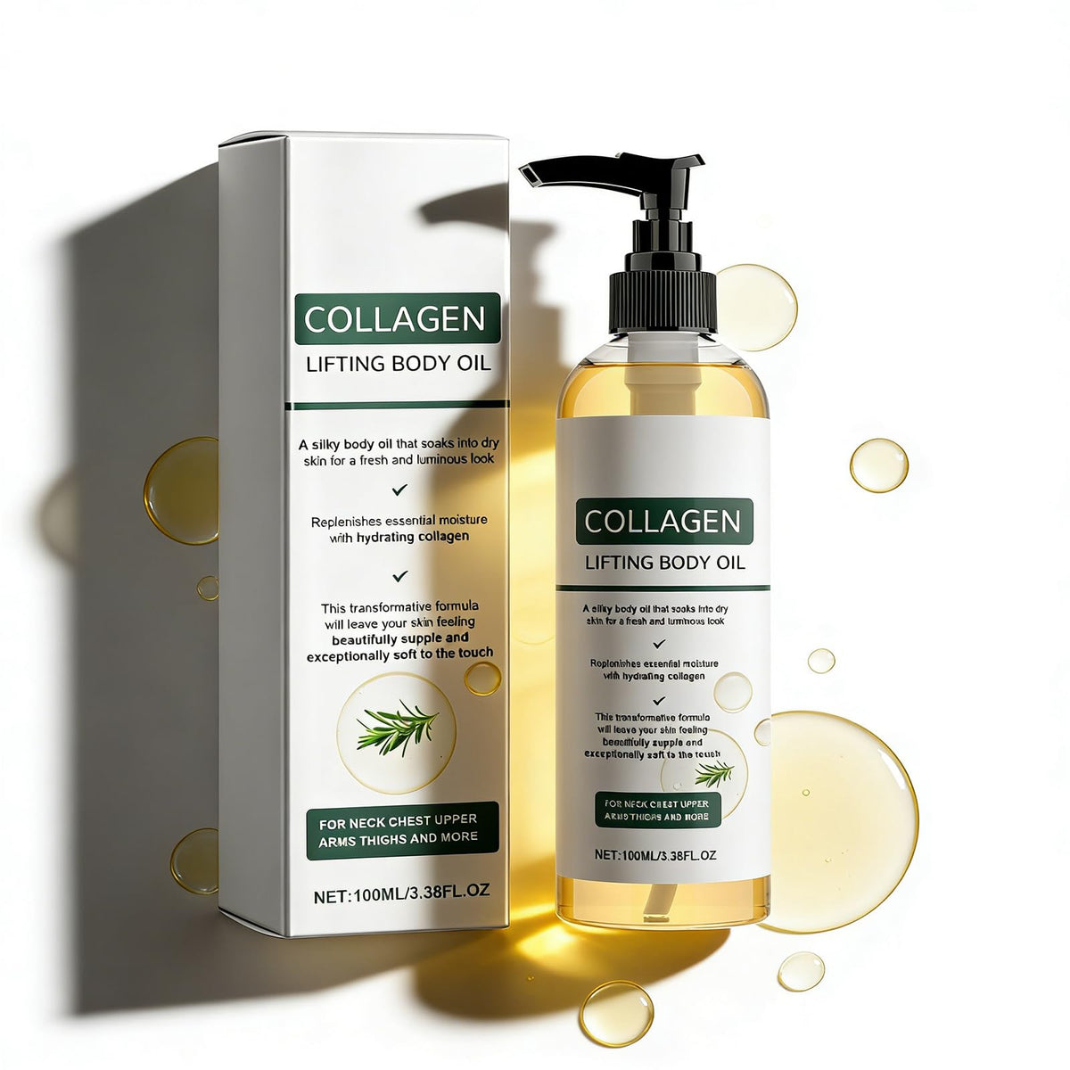 Generic collagen lifting body oil front label showing bottle and sizing benefit