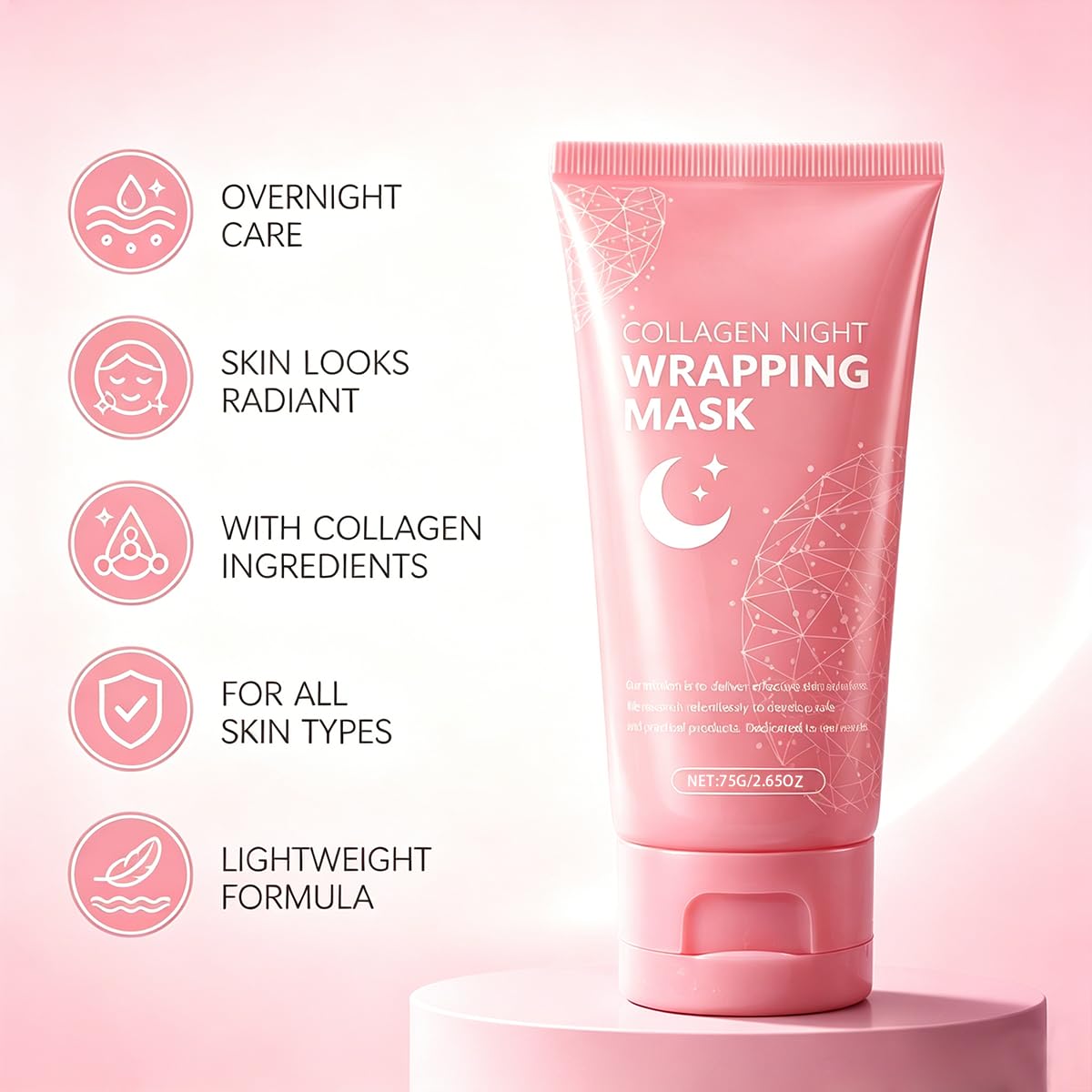 Generic Collagen Mask held in hand showing 2.54 fl.oz travel-friendly size