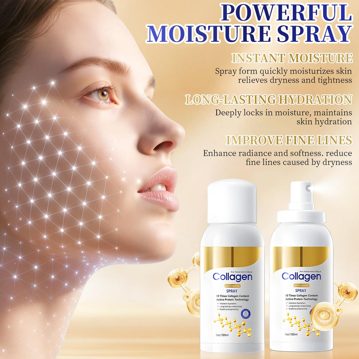 Generic collagen spray being applied to face to refresh skin and prep for makeup