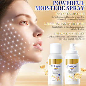 Generic collagen spray being applied to face to refresh skin and prep for makeup