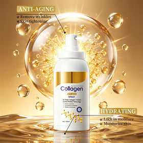 Generic collagen spray texture droplet on skin showing fast absorption and hydration