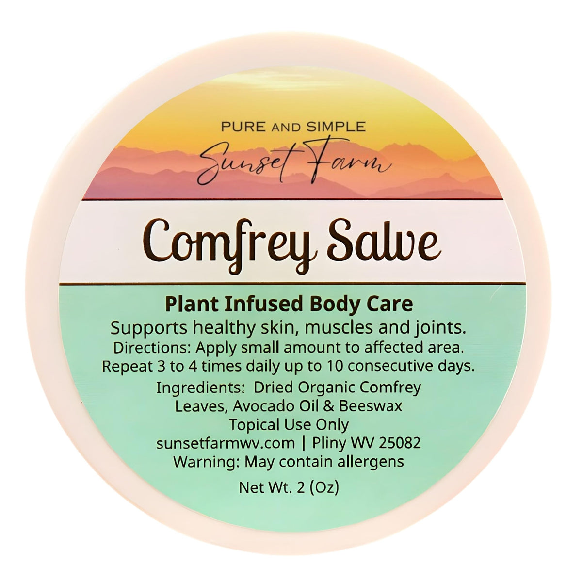 generic comfrey salve front jar showing label and 2 oz size for clear identification and portability