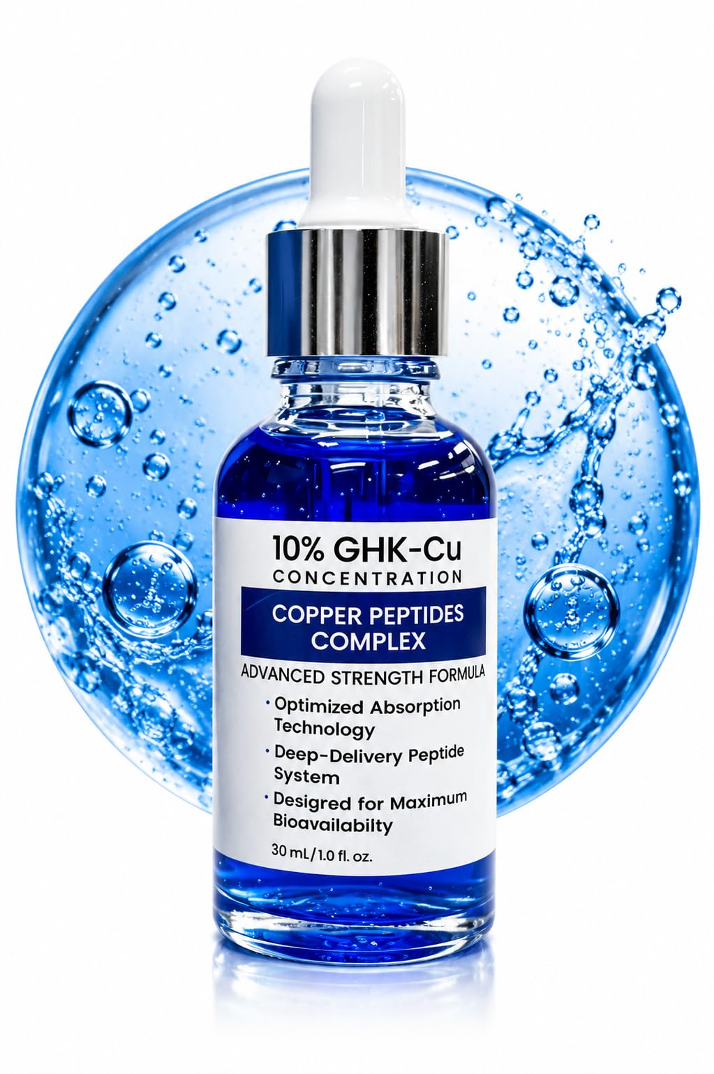 Generic copper peptide serum front packaging showing product and benefits