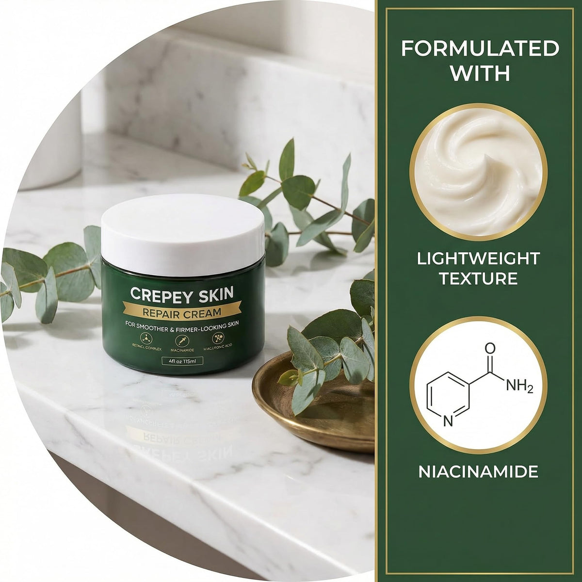 Generic crepey skin cream applied to hand, demonstrating lightweight absorption