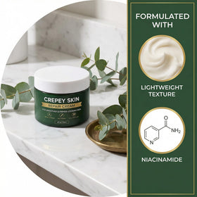 Generic crepey skin cream applied to hand, demonstrating lightweight absorption