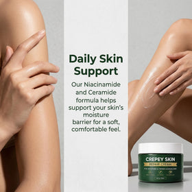 Generic crepey skin cream 4 fl oz jar beside a hand for scale and portability