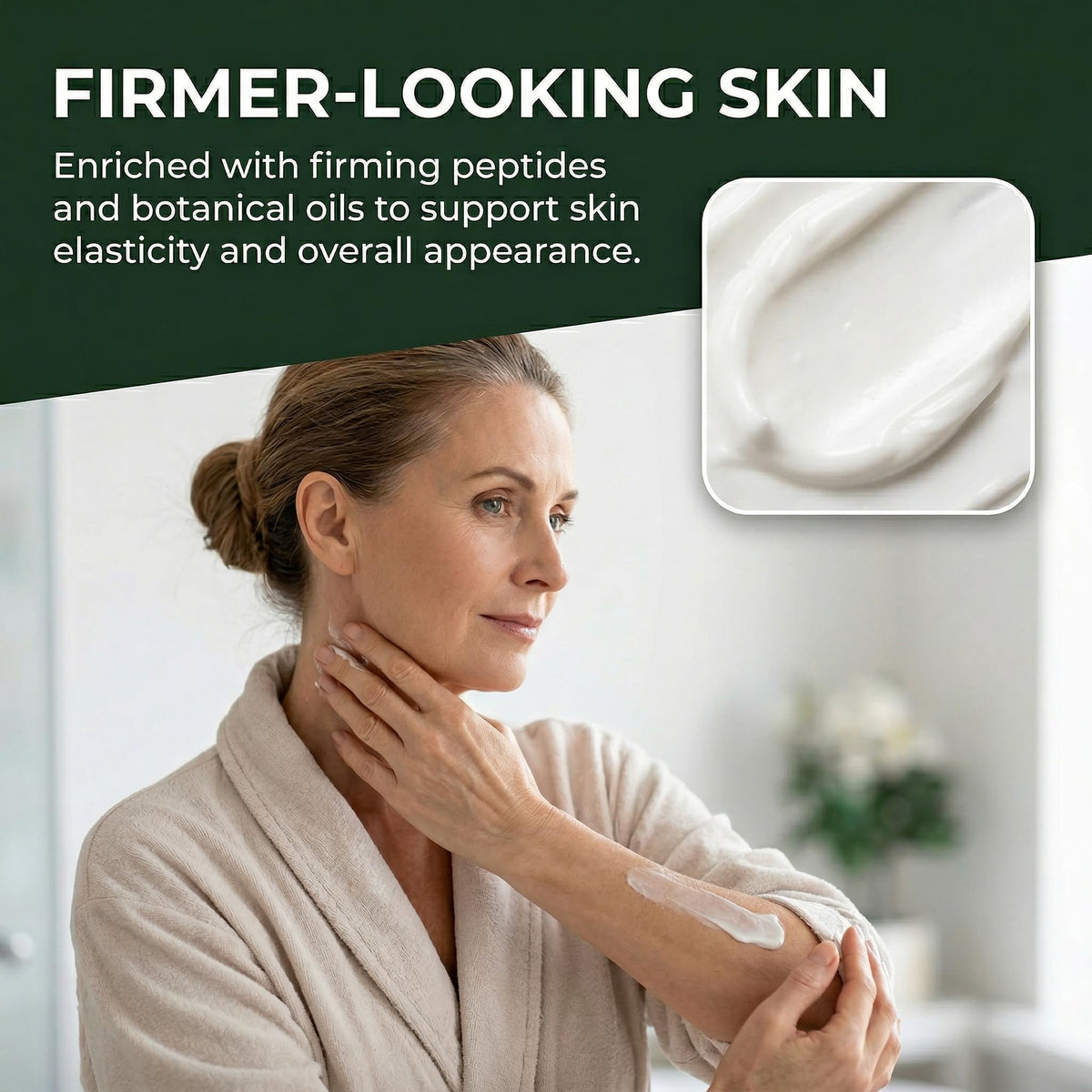 Generic crepey skin cream in a morning routine setting, layers well with products
