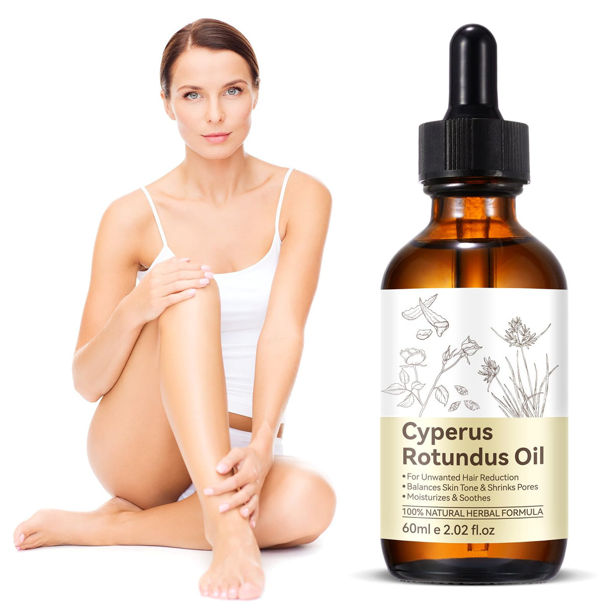 Generic Cyperus rotundus label detail showing 100% pure essential oil benefit
