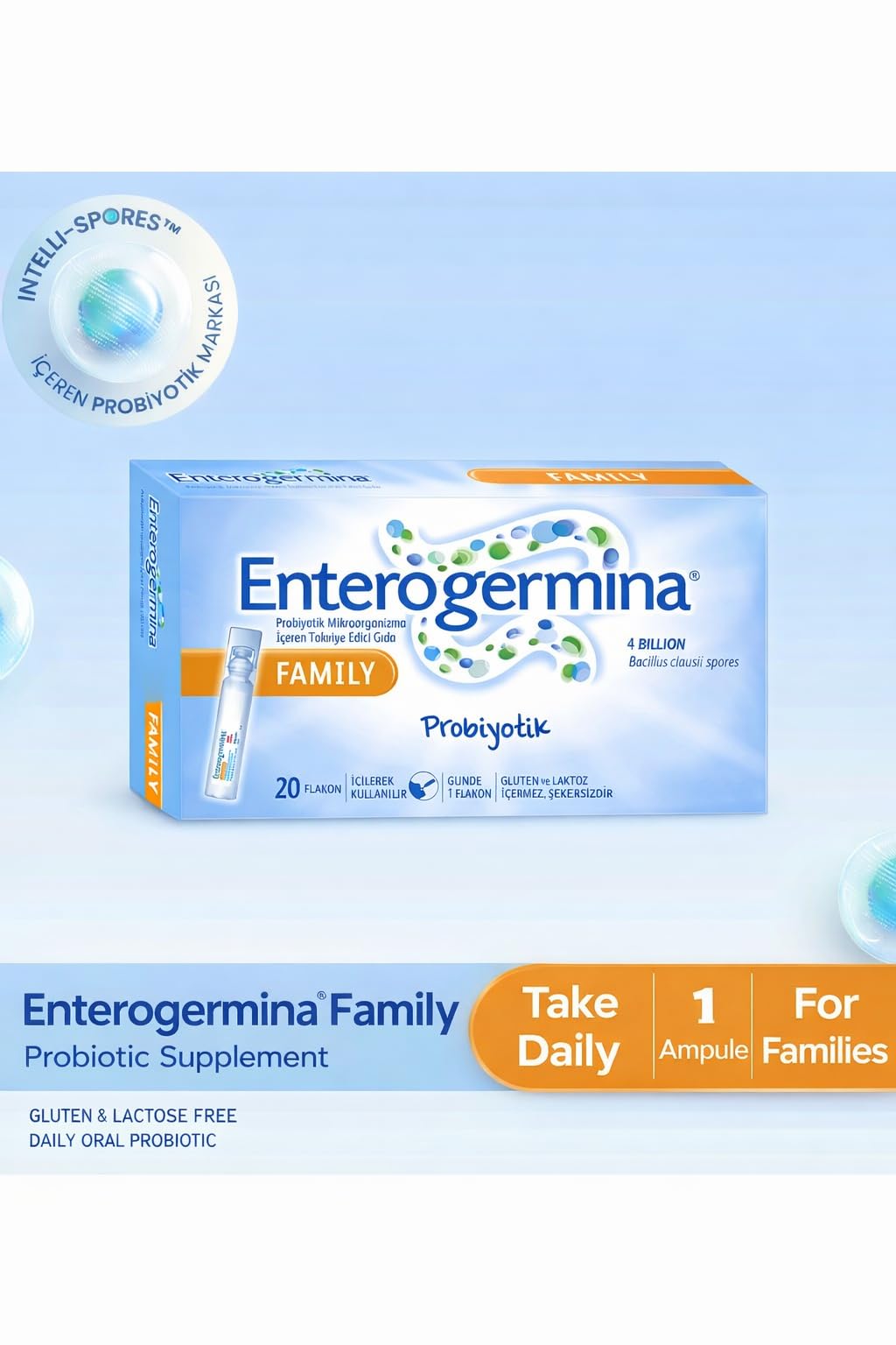 Generic EnterogerminaAdult close-up of one single-use vial highlighting ready-to-use convenience