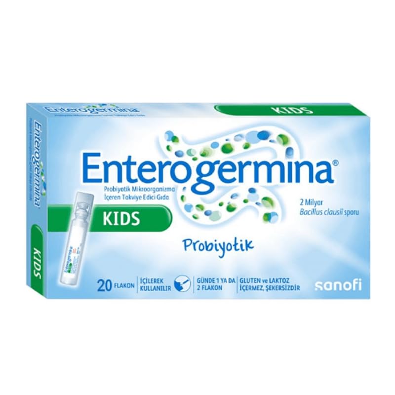 EnterogerminaKids front packaging showing compact 20-vial box for easy storage