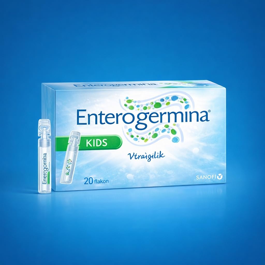 Child at breakfast with EnterogerminaKids vial nearby illustrating routine use