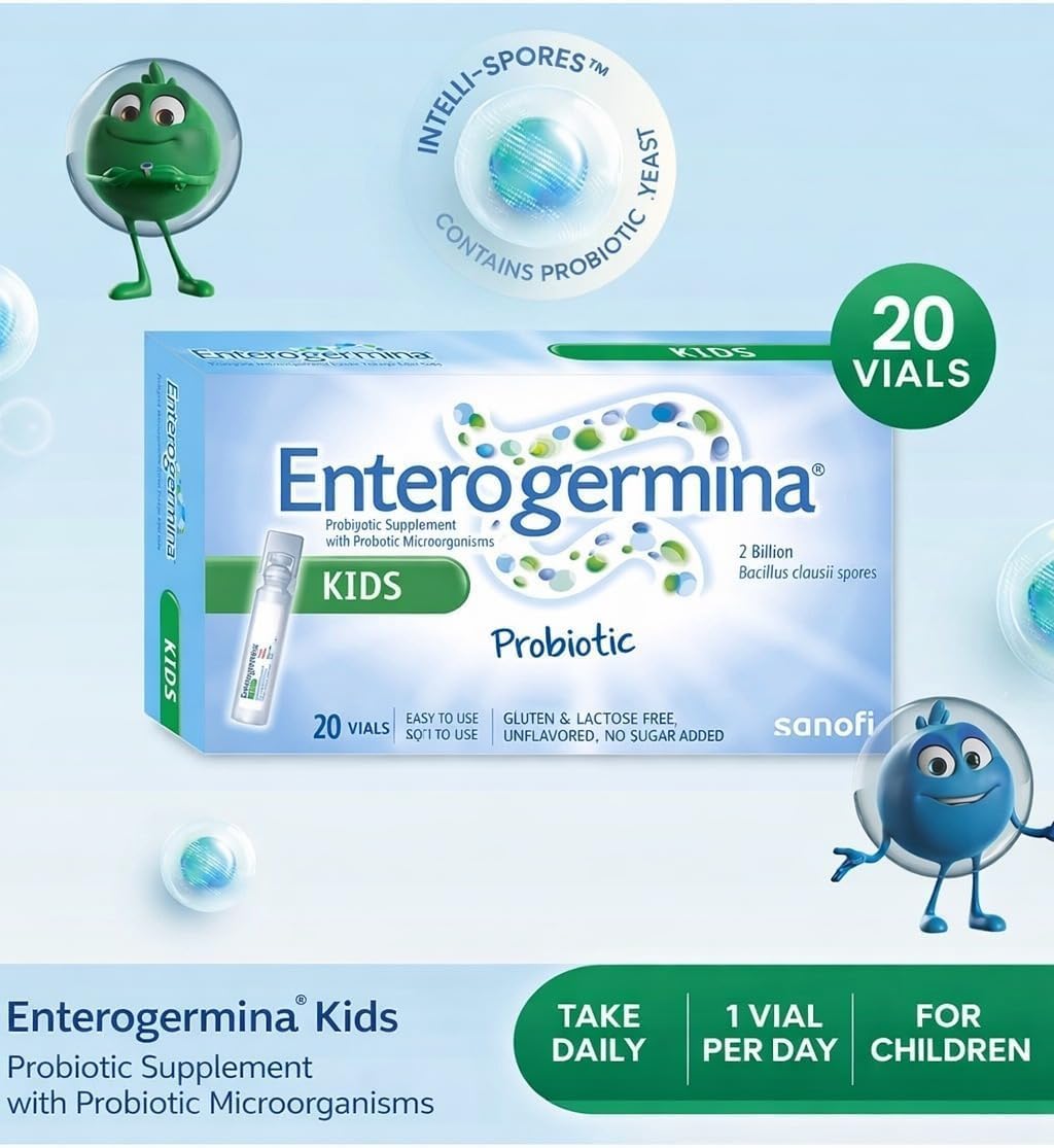 Close-up of EnterogerminaKids vial tip highlighting ready-to-use sealed design