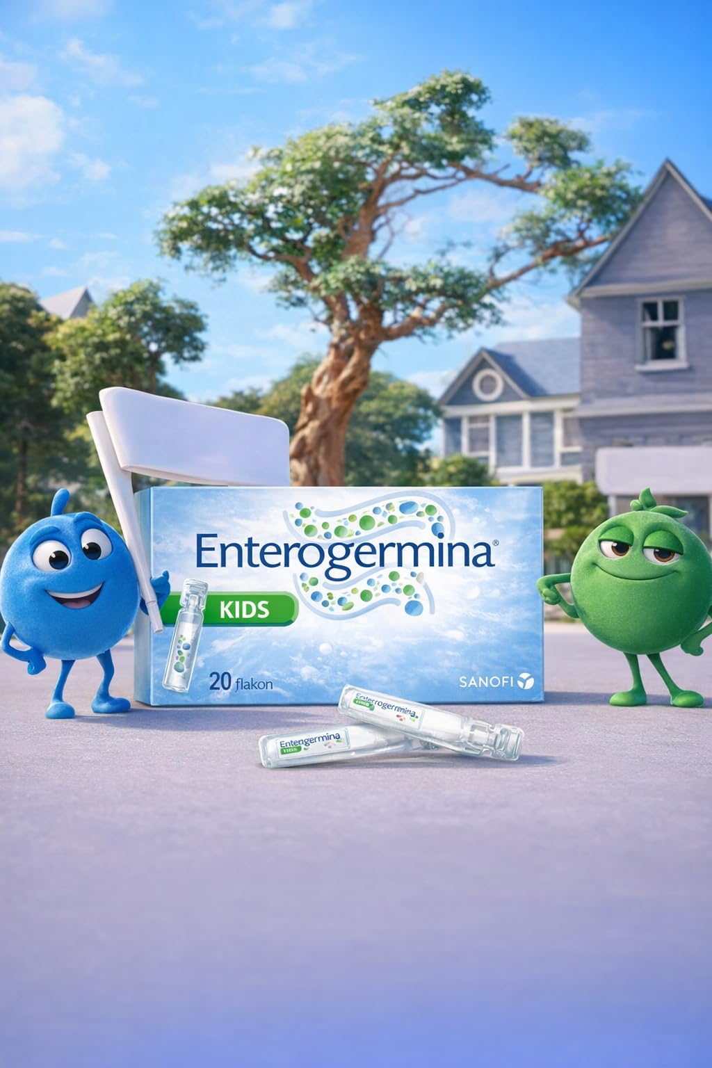 Hand holding a single EnterogerminaKids vial demonstrating portable dosing ease