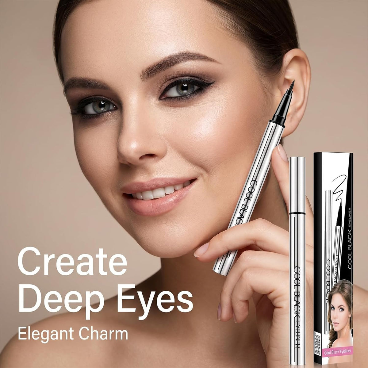 Generic brand lifestyle shot of model wearing dramatic black winged eyeliner