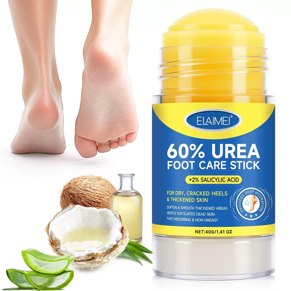 Generic relaxed feet on bed after treatment, brand soothes and softens skin
