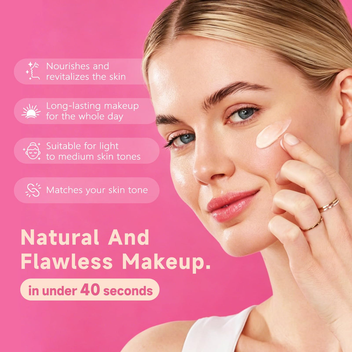 Generic foundation blending on hand to show color change and quick skin match benefit