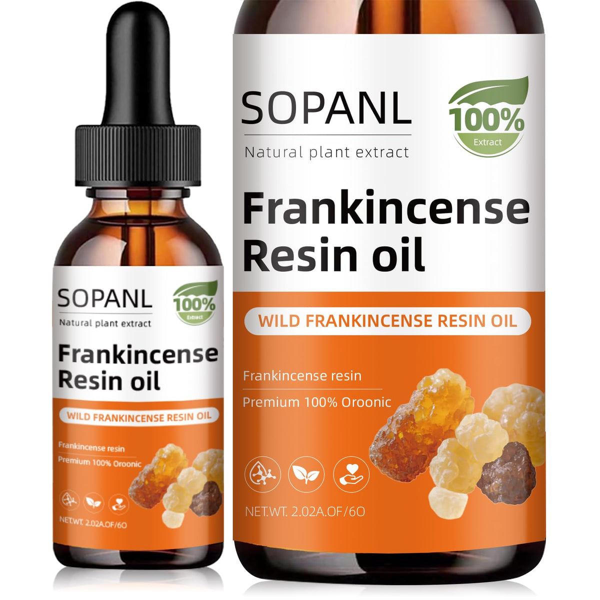 Generic frankincense bottle front view showing label and natural benefits