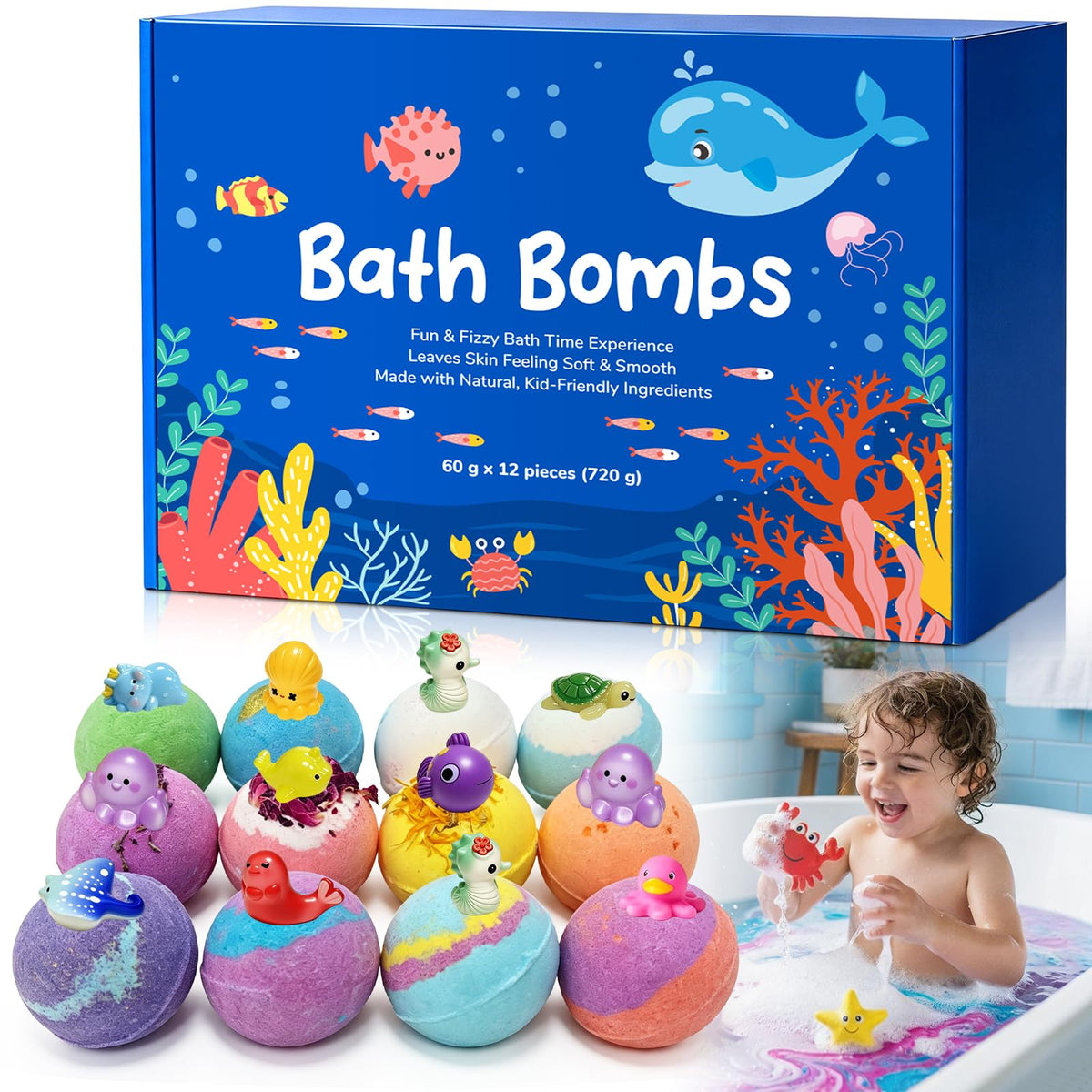 Generic brand front packaging showing 12 bath bombs and ocean-themed design for gifting