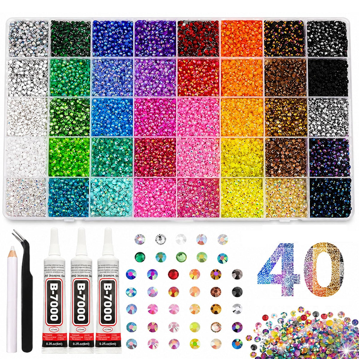 Generic front packaging showing 40,000 rhinestones and included tools for convenience