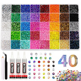 Generic front packaging showing 40,000 rhinestones and included tools for convenience