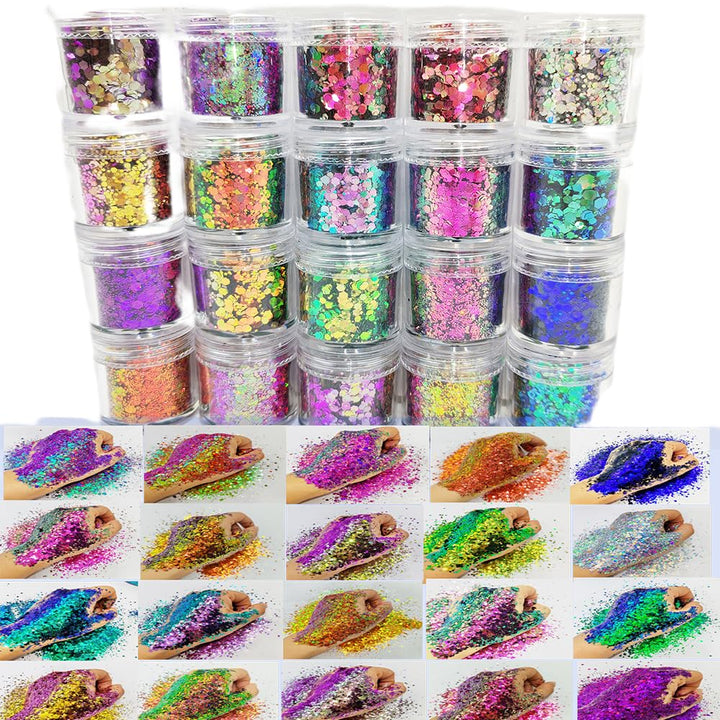 Generic brand front packaging showing chameleon glitter set and vibrant benefits