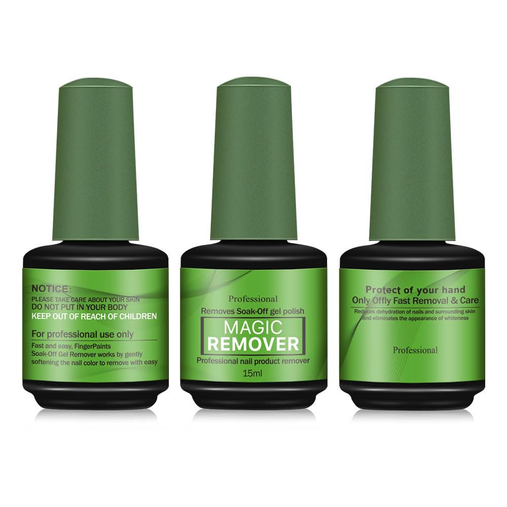Generic front packaging showing three 15ml green gel remover bottles, quick removal benefit