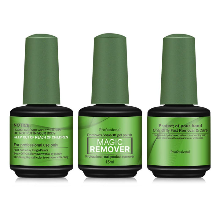 Generic front packaging showing three 15ml green gel remover bottles, quick removal benefit