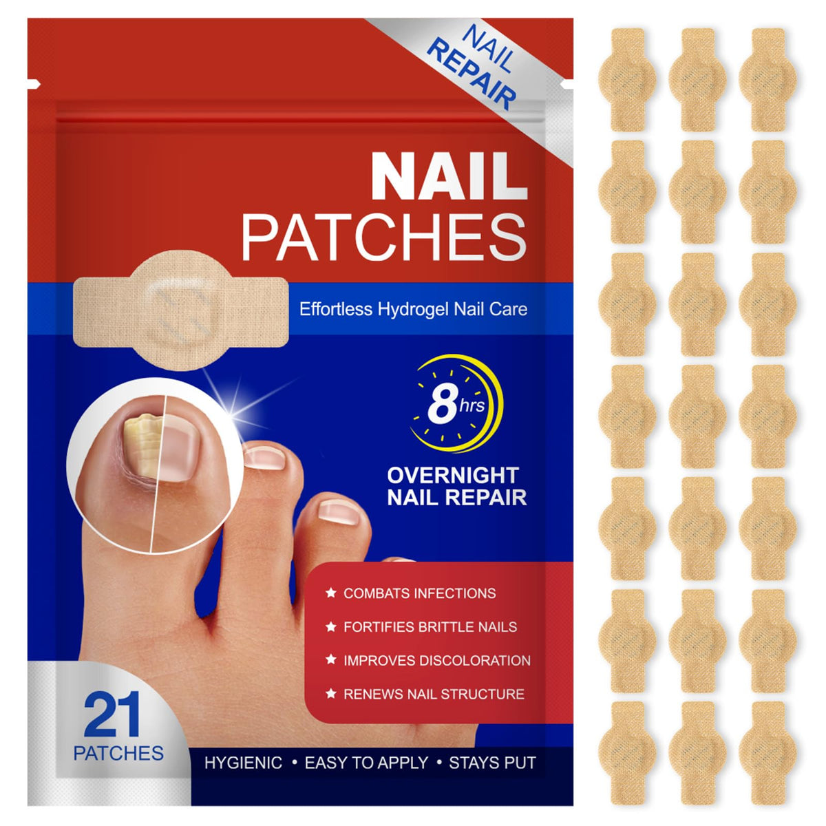 Generic front packaging showing 21pcs nail patches and product benefits