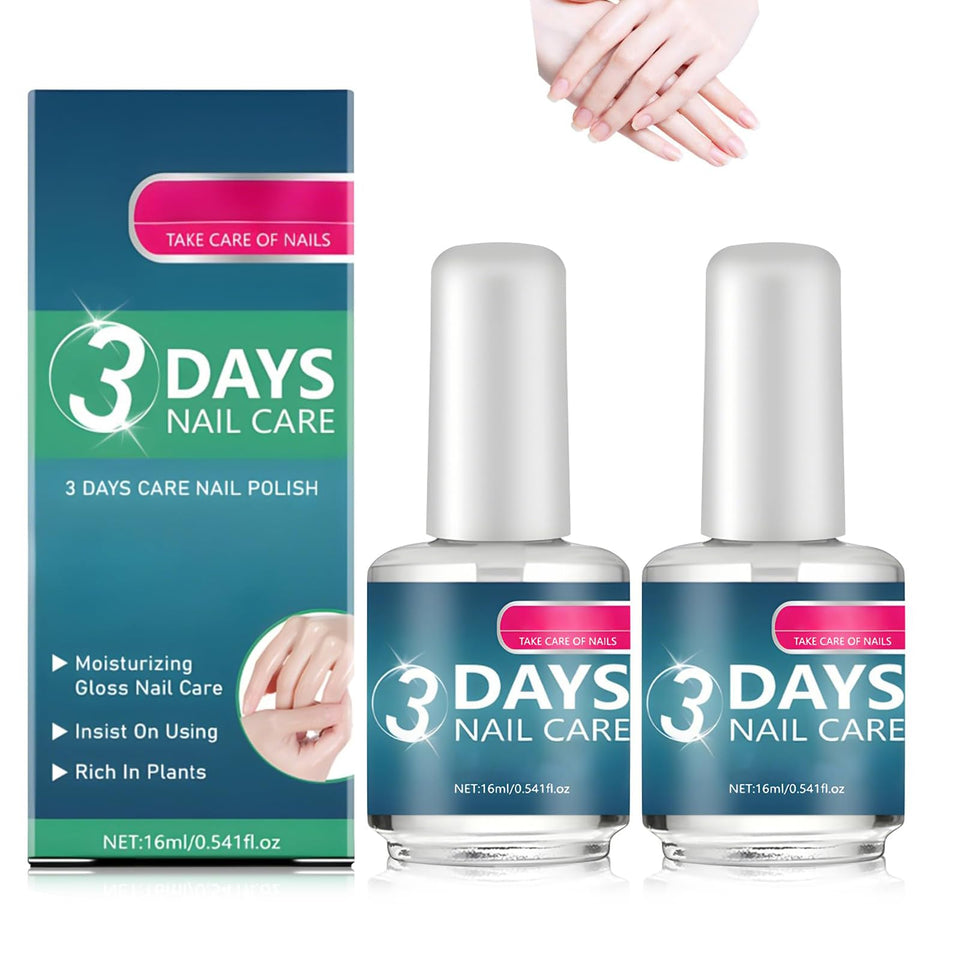 Generic front packaging showing two nail care bottles and benefits clear