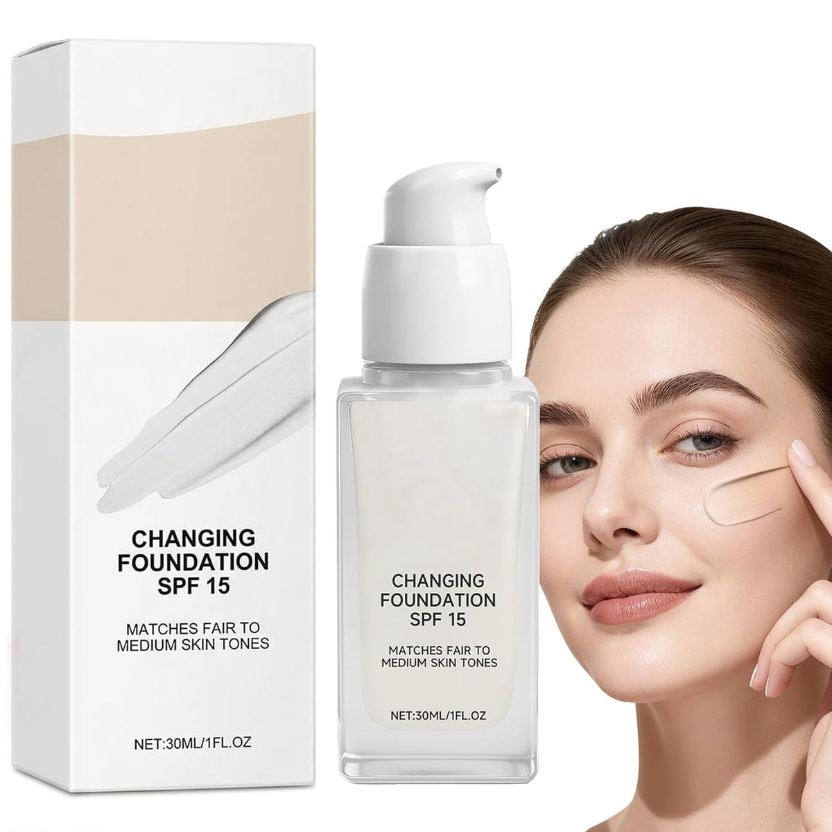Generic-brand front packaging of foundation showing label and pump, communicates ease