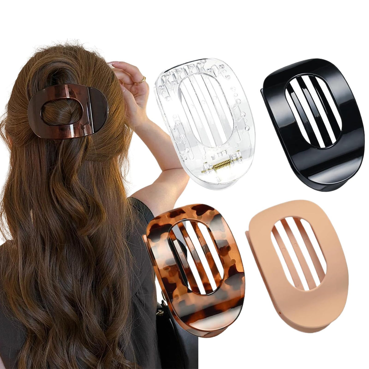 Generic front view of four duckbill hair clips showing colors and matte finish for versatile styling