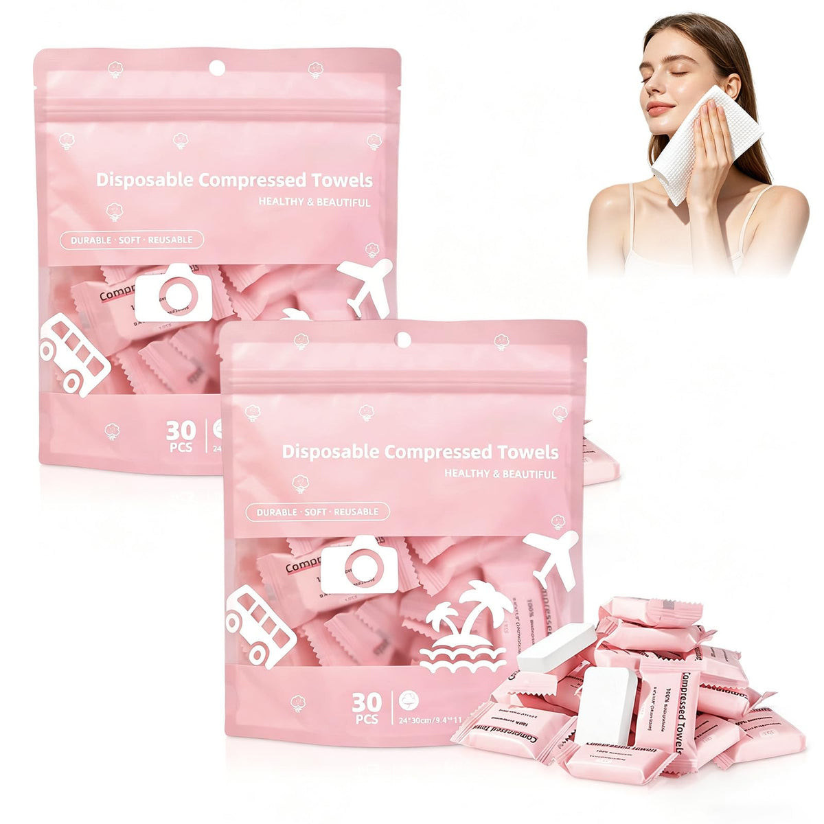 Generic front packaging showing 60 compressed towel tablets and benefits