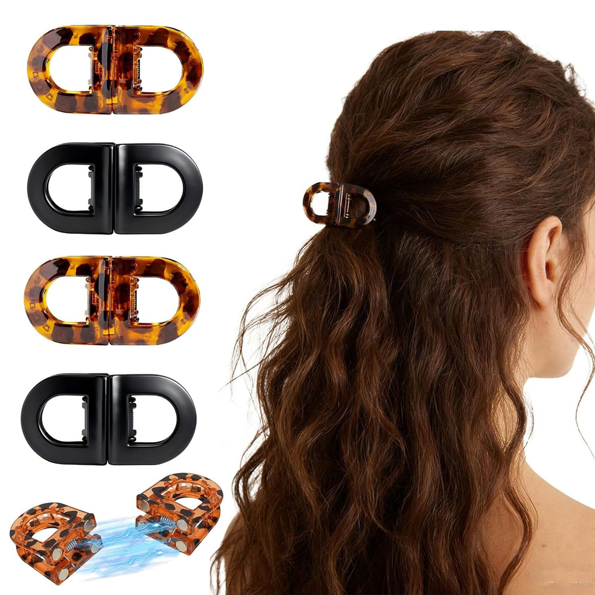 Generic front view of four magnetic clips showing sleek design and easy styling benefit