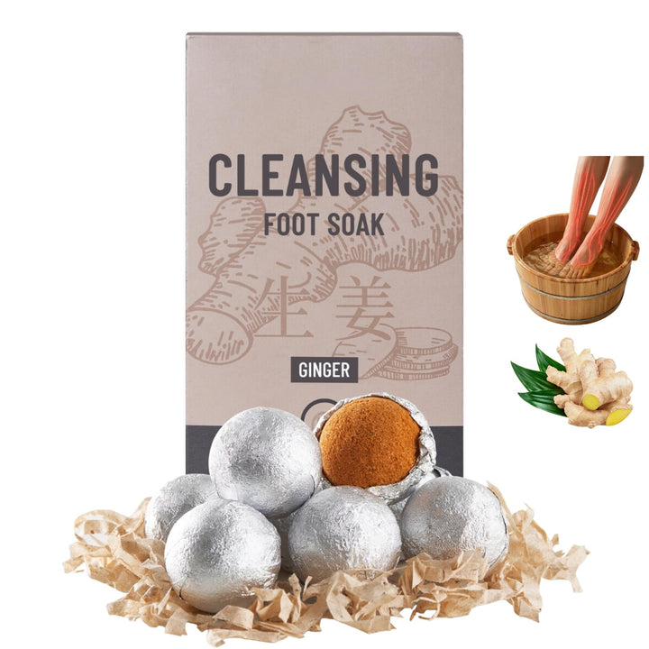 Generic ginger foot soak front packaging shows product and benefits