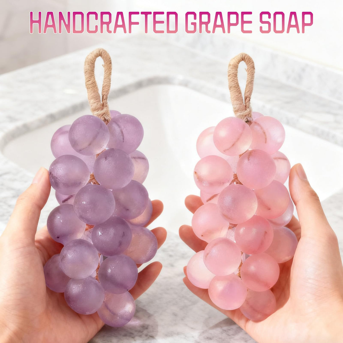 Generic grape soap styled on vanity as decor and practical hand soap