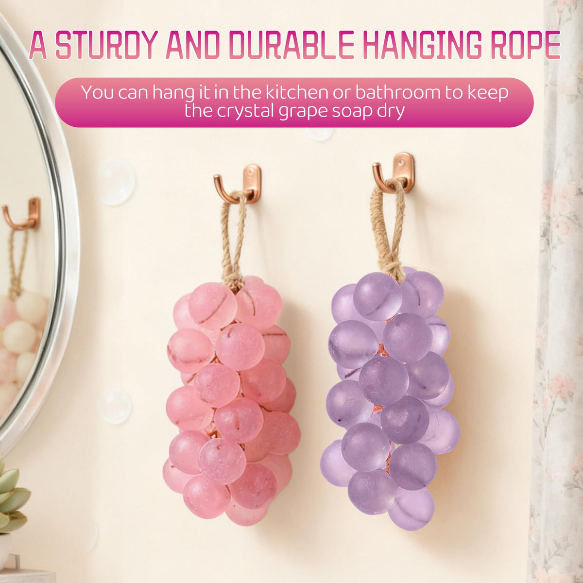 Generic grape soap hanging on rope in shower to keep soap dry and tidy