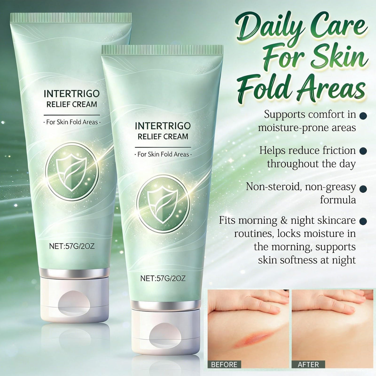 Generic intertrigo cream applied under-breast illustrating comfort and protection during movement