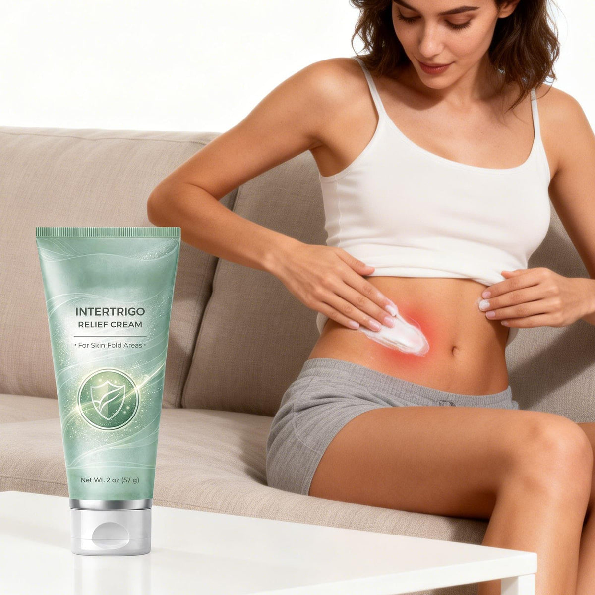Generic intertrigo cream held in hand for size comparison indicating compact travel-friendly tubes