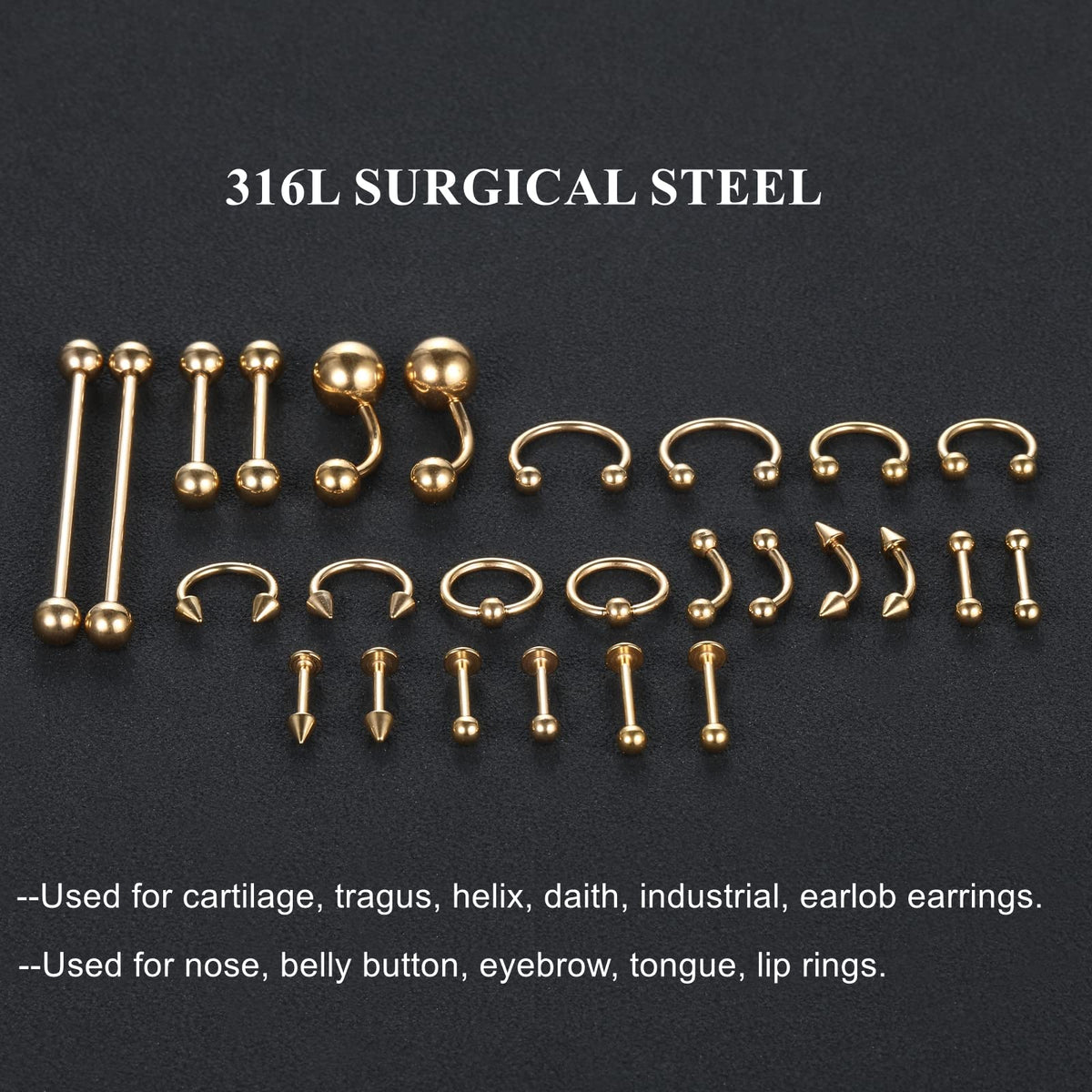 Generic jewelry variety laid out by gauge showing selection and versatility