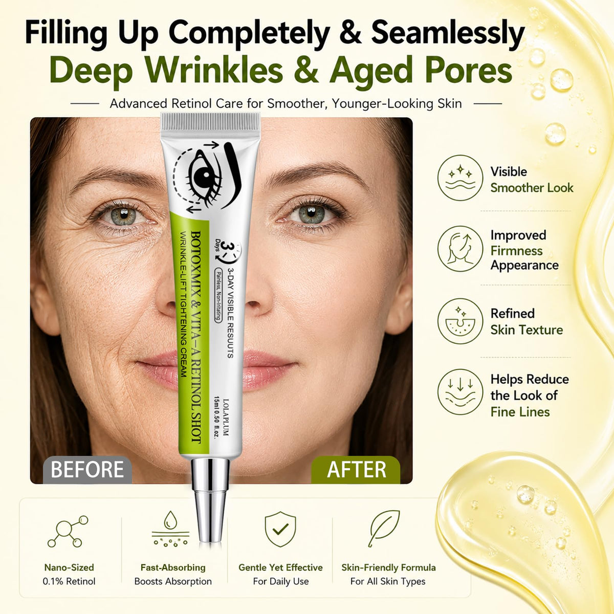 Generic label close-up focusing on ingredients list to show transparency and active retinol